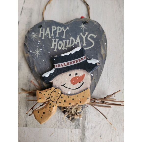 Happy holidays snowman face rustic heart mini Xmas home decor - Picture 3 of 4